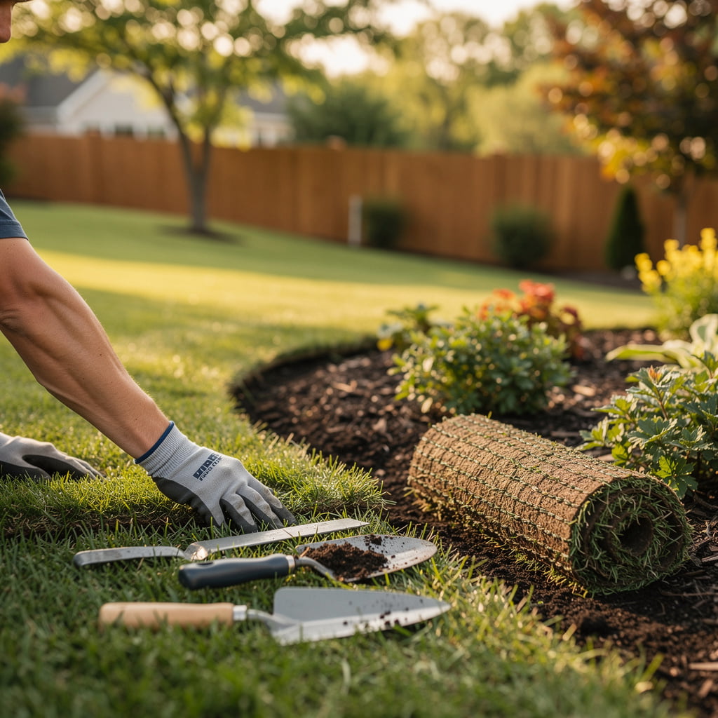 Green Ridge Landscaping crew maintaining a Nashville, TN residential yard with lawn care and garden beds