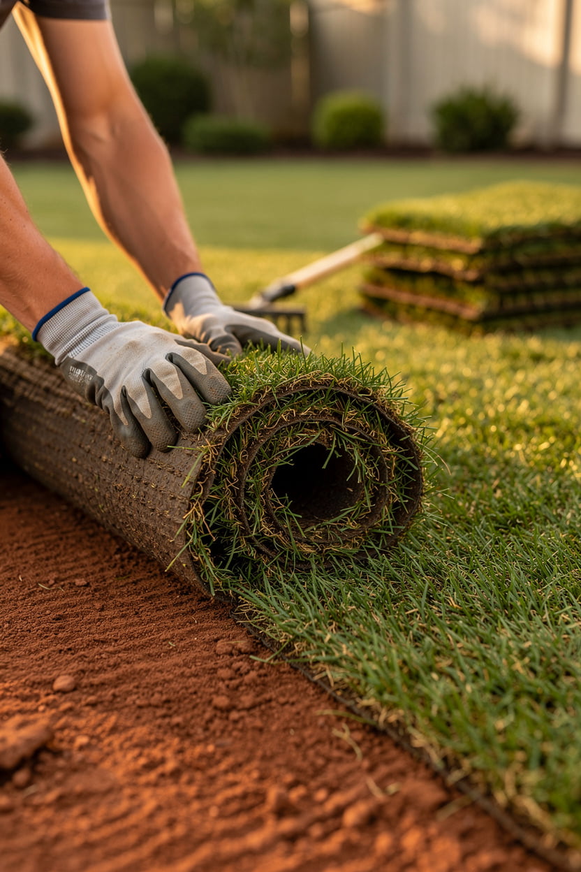 Green Ridge Landscaping installing fresh sod on a Nashville, TN residential lawn